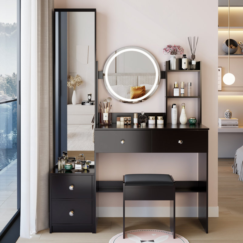 Meuble-lavabo avec miroir à DEL, tabouret et plusieurs ports de recharge pour une commodité moderne, Noir