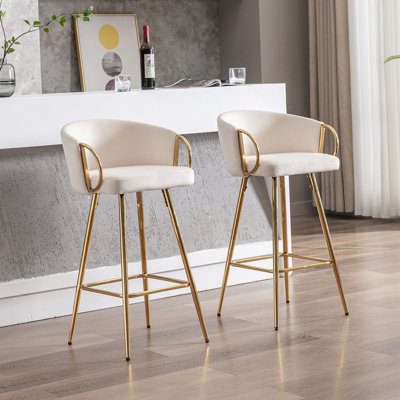 Tabourets de bar 30 pouces en velours avec repose-pieds chromé et pieds dorés, ensemble de 2