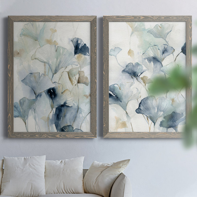Indigo Ginkgo I - peinture sur toile 2 pièces, H 24 po x l 20 po x P 1 po, Encadré gris