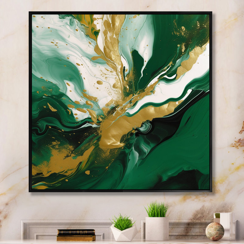 «Green and Gold Liquid Magic II», reproduction d'art sur toile encadrée, H 16 po x l 16 po, Noir