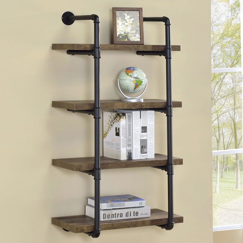 4 Wall Shelf In Black And Rustic Brown For Office Decorative Purposes Office, Convenient Storage, Black/Brown
