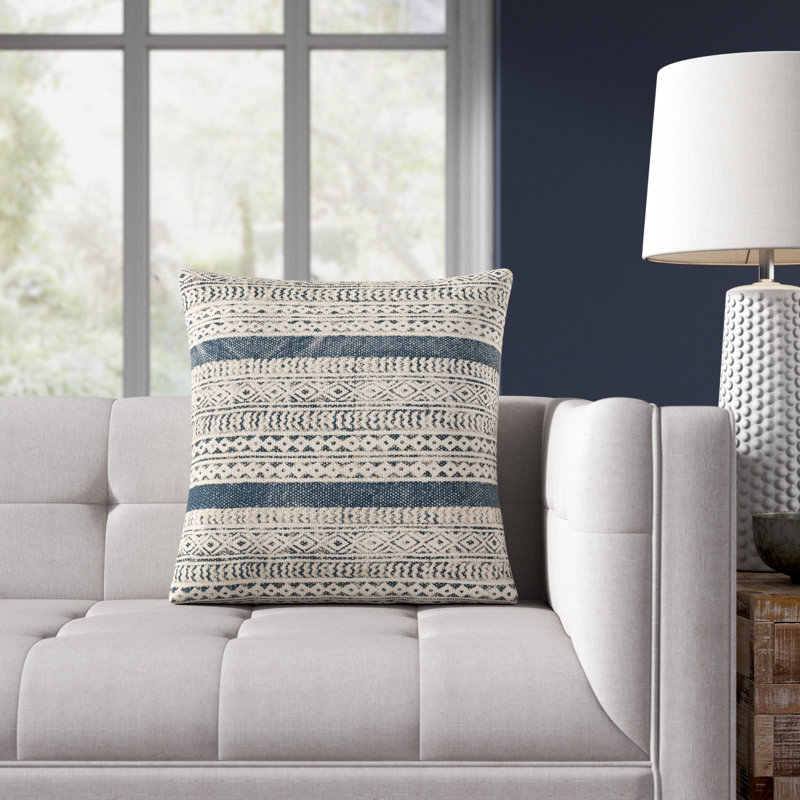 Zetta Square Cotton Pillow, 18" x 18", Polyester/Polyfill, Beige/Denim