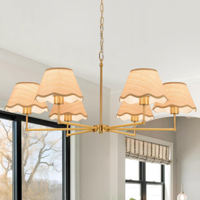 Lustre en rotin Boho avec 6 abat-jours tissés à la main, hauteur de suspension réglable et luminaire suspendu rétro à intensité variable pour la salle à manger, îlot de cuisine, salon, chambre à coucher