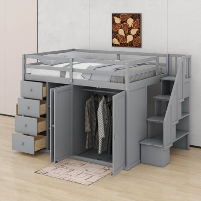 Wood Loft Bed With Built-In Wardrobes, Wood Loft Bed With Multiple Storage Cabinets And Drawers