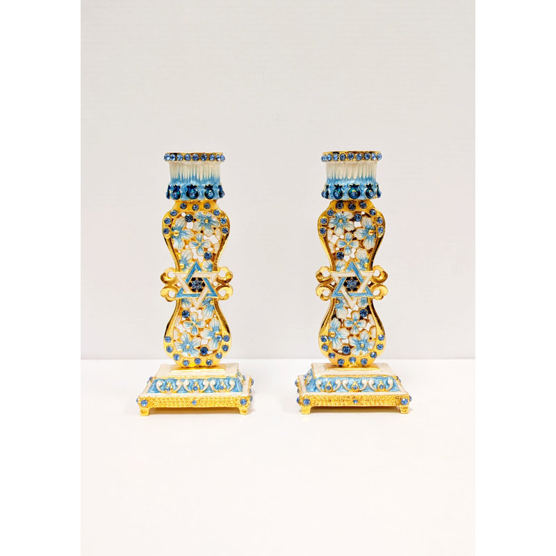 Shabbat Flower And Star Of David Design Candle Holder Set