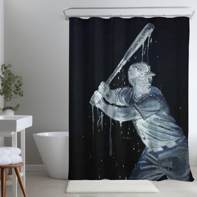 Baseball Player – Blue Man American Home – Polyester Shower Curtain, Dye Sublimation Print, 71" W × 74" L