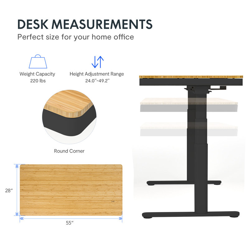 Chargeur de bureau debout sans fil à hauteur réglable 55 po x 28 po Landaverde, Bambou, Noir