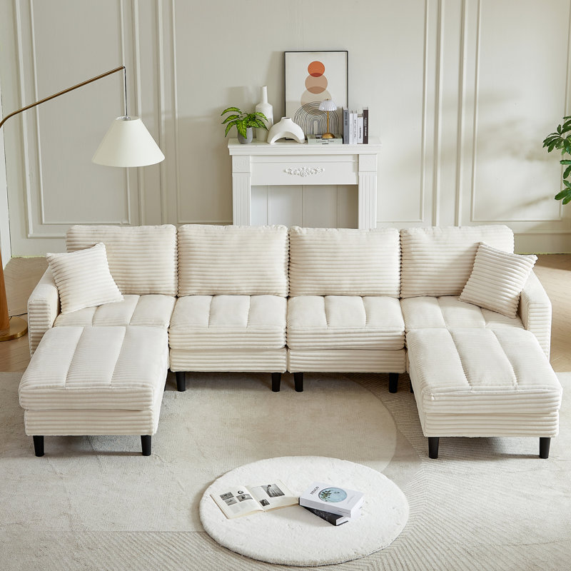 Canapé modulaire en velours côtelé beige en forme de U de 122,5 pouces avec 2 coussins et deux repose-pieds, pieds de chaise en plastique pour la maison
