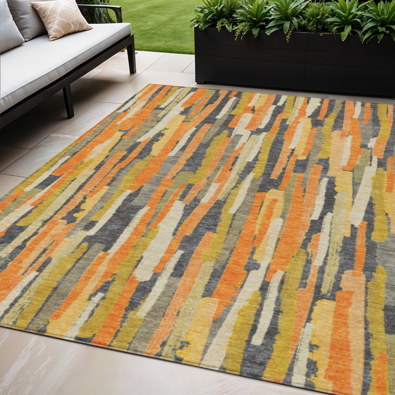 Tapis extérieur lavable rayé orange et beige 5 pi x 8 pi