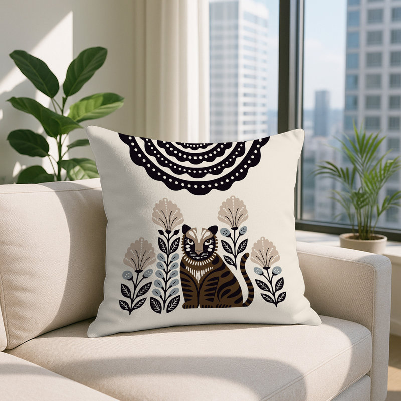 Oreiller carré réversible intérieur / extérieur Nara Tiger, Carré 15 po, Beige