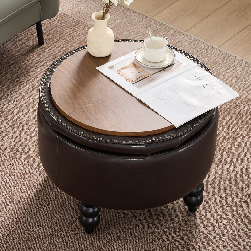 24'' Wide Upholstered Round Storage Ottoman, Dark Brown Faux Leather