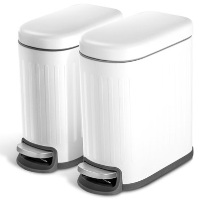 Home Zone Living 2-Pack 1.3 Gallon White Slim Stainless Steel Bathroom Trash Can with Soft-Close Lid and Removable Liner