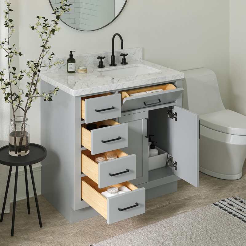 Meuble-lavabo simple en bois massif 36 po Tidworth avec plateau en marbre de Carrare 1,5 po, Oui, Forme rectangulaire, Gris