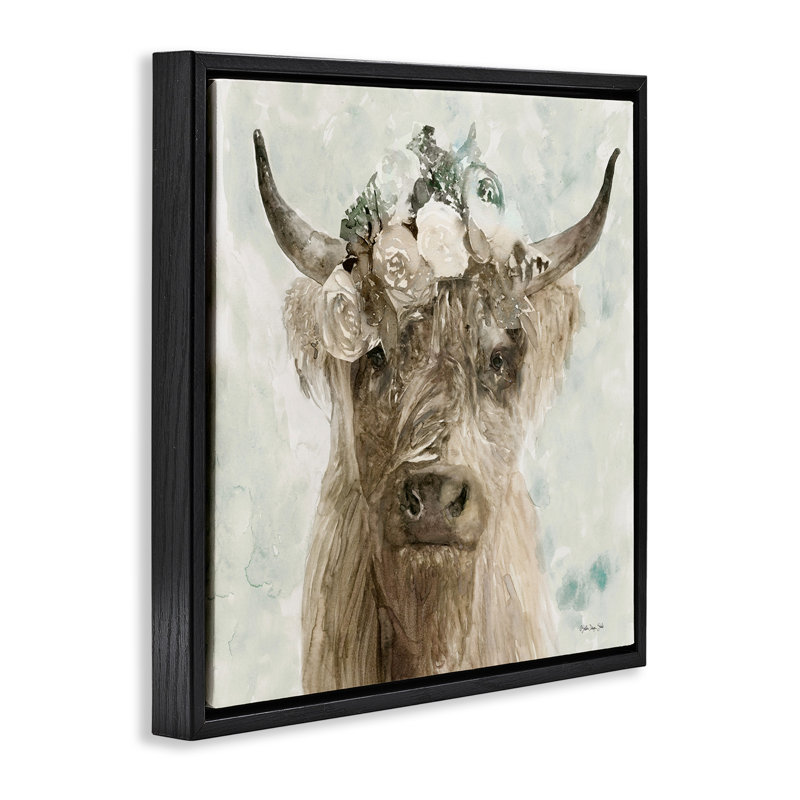 «Soft Buffalo with Floral Floral» par Stellar Design Studio, Cadre flottant noir de jais, H 25 po x l 25 po