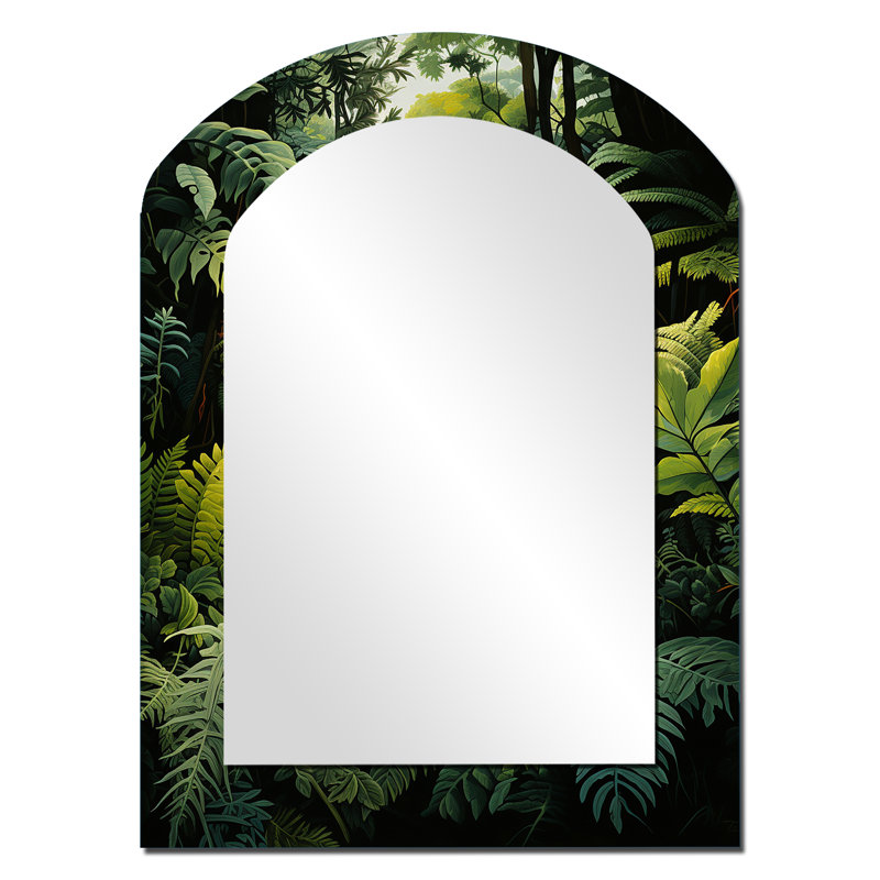 Ferns Fern Forest I - Ferns Arch Wall Mirror, Green Asymmetrical Decorative Mirror, Printed Metal Art, 34" x 25"