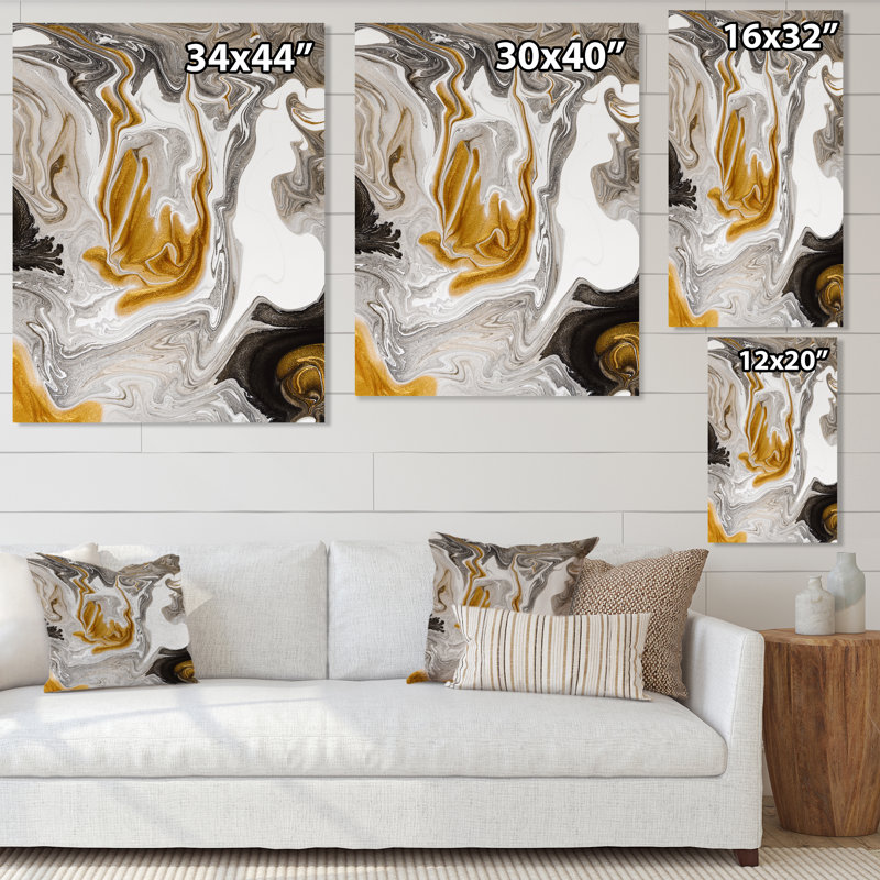 Vague de marbre doré et noir V - peinture sur toile, H 20 po x l 12 po x P 1 po, Toile tendue