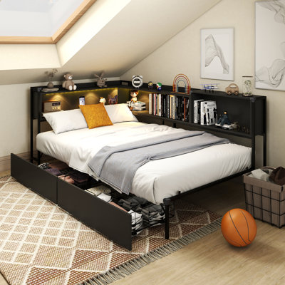 Daybed With 2 Drawers Led Corner Bed With Bookcase & Charging Station Metal Platform Bed Frame For Bedroom, Guest Room by Red Barrel Studio