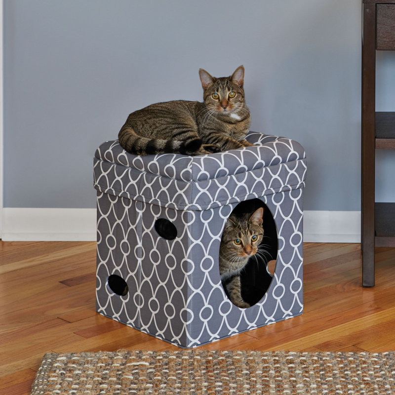 Gray Geometric Print Foldable Cat Cube with Plush Topper