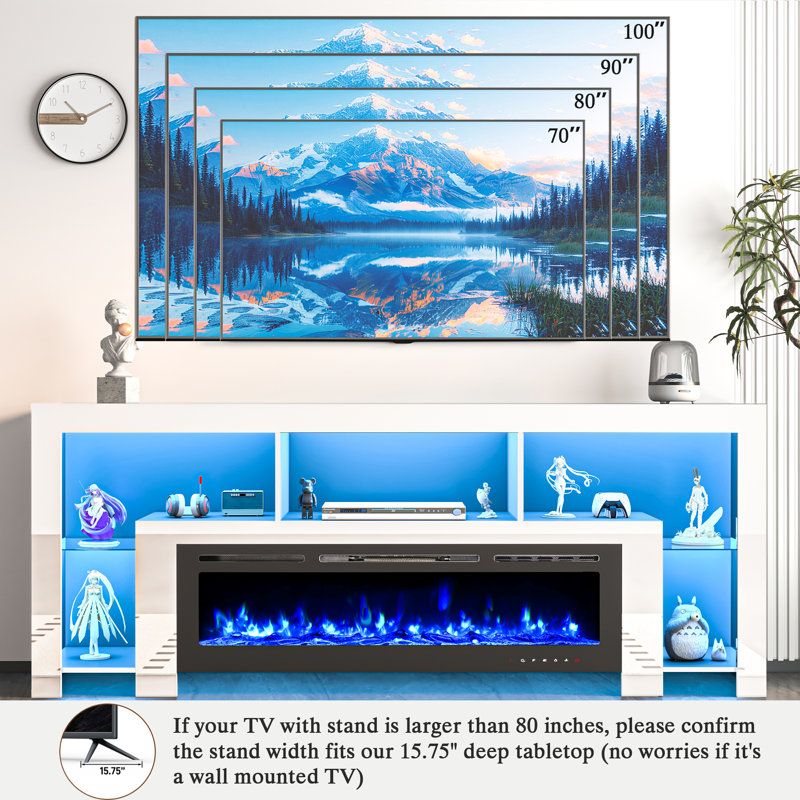 Meuble télé 94,5 pouces avec foyer, meuble télé ultrabrillant avec tablettes de rangement pour le salon
