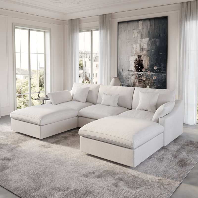 Kyna Upholstered 5-piece Linen Slipcovered Sectional(3 Seat), White Linen