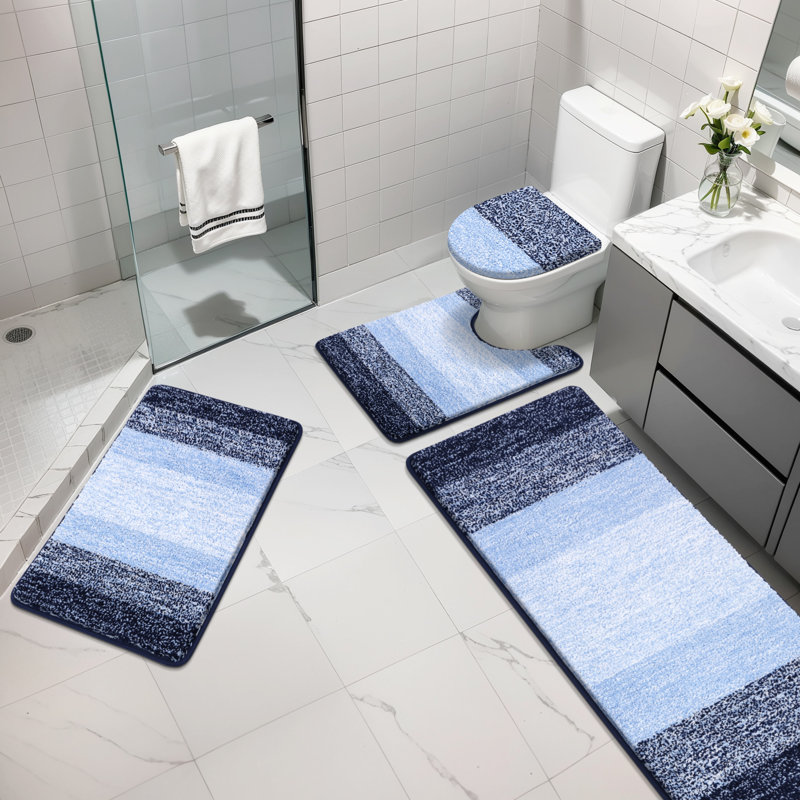 4 Piece Soft Absorbent Microfiber Bath Rug Set With Non-Slip Backing, Blue/Navy