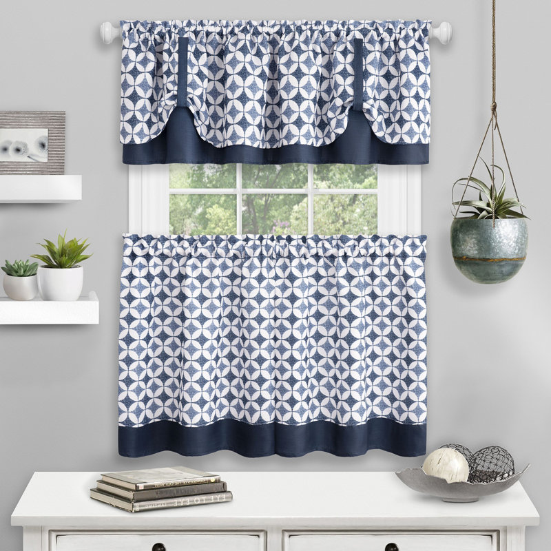 Mortensen Geometric Tailored Kitchen Curtain, 58" W x 24" L, Navy