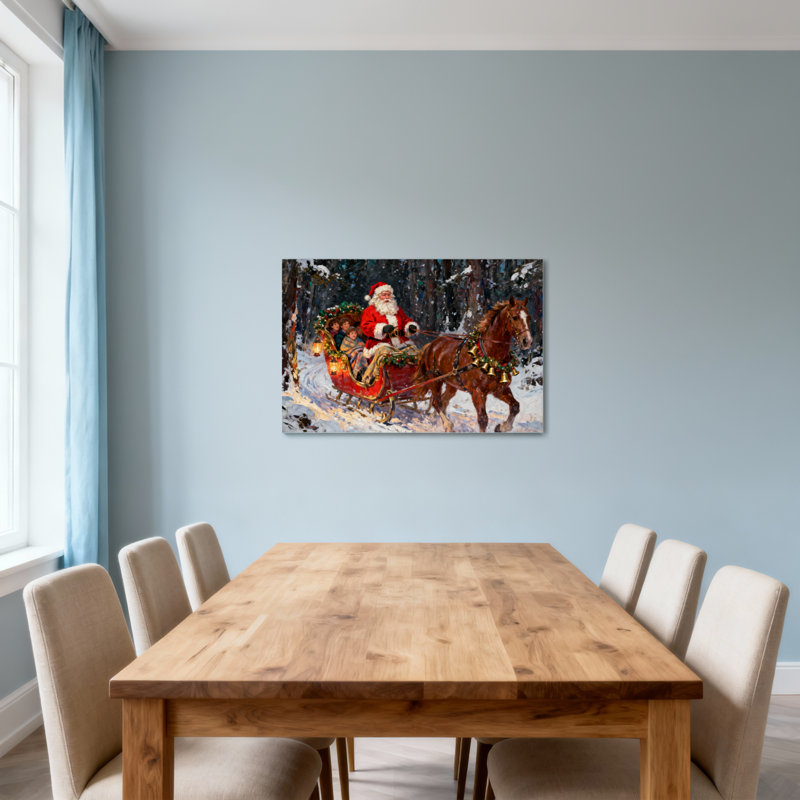 Christmas Santa Claus Riding Sleigh With Children, 16" H x 24" W