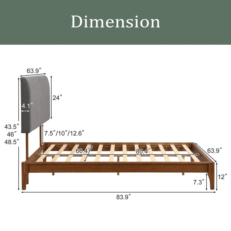 Lit plateforme solide en bois de bambou sec de 12 pouces, avec tête de lit tapissier courbée grise réglable, facile à assembler