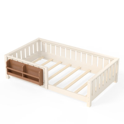  Twin Floor Bed, Pine Wood Bed Frame with Built-in Bookshelf & Safety Guardrail, Low-Profile Kids Toddler Bed for Bedroom, Beige