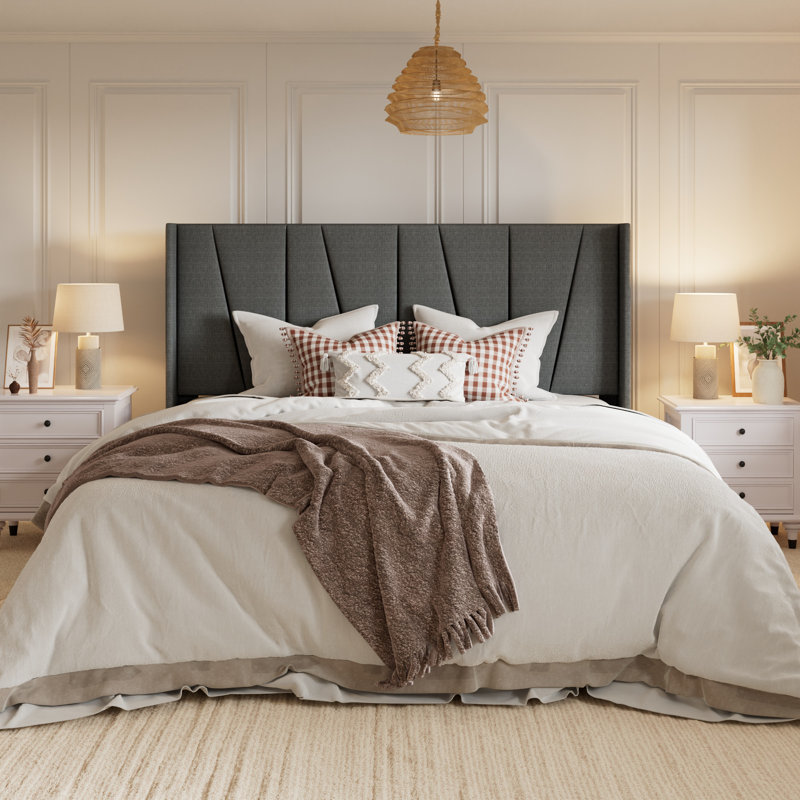 Canuto Upholstered Platform Bed with Wingback Headboard, King, Dark Gray