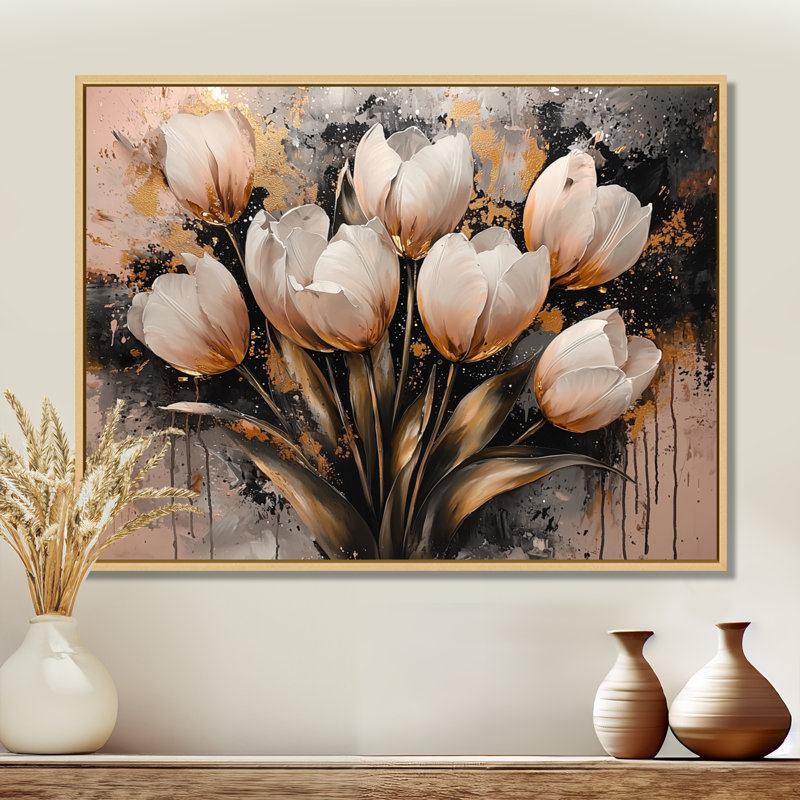 «Pink Gold Morning Tulips I», art mural tulipes, H 34 po x l 44 po, Impression encadrée flottante, Crème, crème
