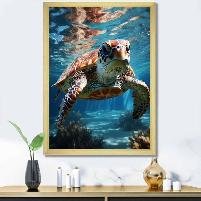 Turtle Aquatic Wandererin Ocean, reproduction d'art sur toile, H 20 po x l 12 po x P 1 po, Cadre doré à une seule photo