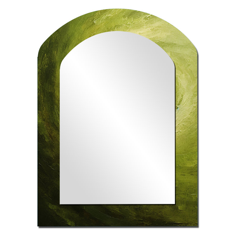 Green Orbit Spiral I - Miroir décoratif en forme d'arche abstraite sur métal, 34 po x 25 po