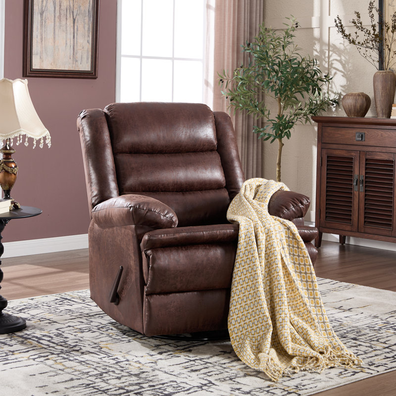 35.8'' Wide Classic Faux Leather Swivel and Glider Manual Recliner, Reddish Brown