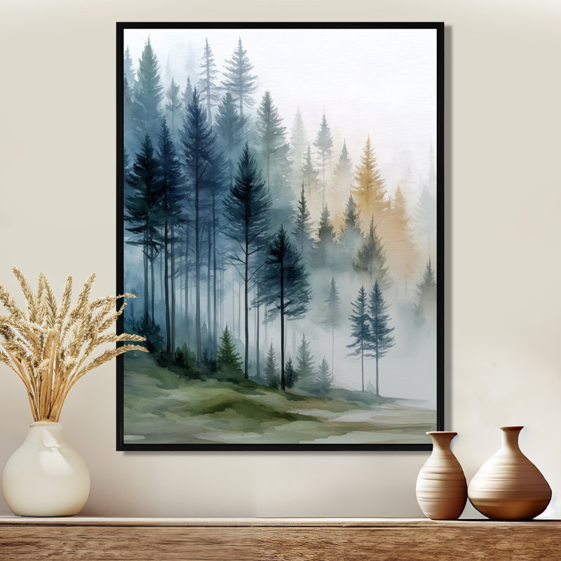 «Morning Fog Pine Tree Mountain Trail», impression encadrée de pin, art mural sur toile bleu nature, H 20 po x l 12 po, Noir