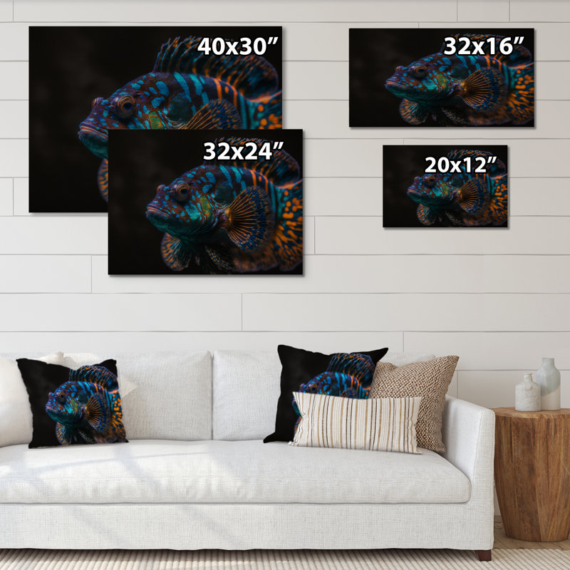 Halona, magnifique poisson mandarine dans des tons de bleu VII - impression, H 16 po x l 32 po x P 1 po, Bois enveloppé