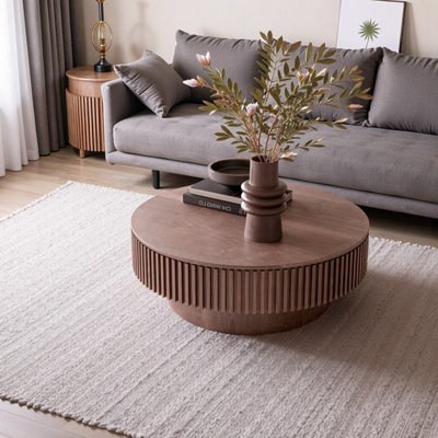 Table basse 39,37 "ronde avec rangement - Table d'appoint moderne en placage de bois massif