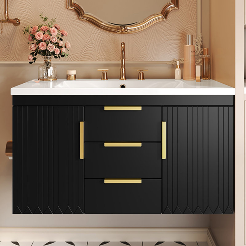 Meuble-lavabo mural simple flottant 35,5 po avec lavabo intégré, armoire de rangement à 2 tiroirs et 2 portes, compatible avec un robinet à entraxe de 8 po