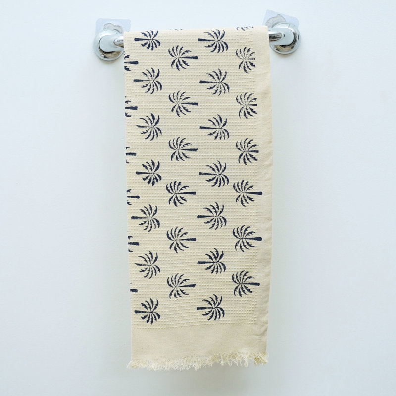 Luxury Floral Hand Block Print Waffle Cottton Hand Towels - Eco-Friendly, Stylish Home Accessories "Palm Tree", Dark Blue