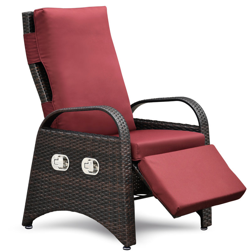 Fauteuil inclinable d'extérieur avec repose-pieds réglable, table intégrée, confortable, coussin amovible pour repose-pieds brun et rouge, pour le jardin,