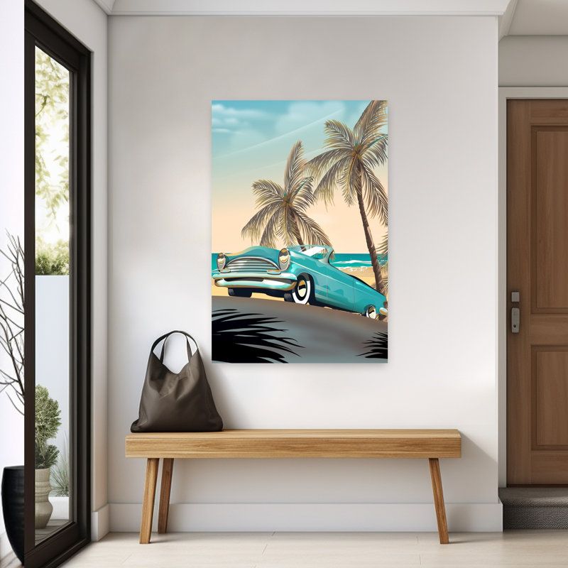 «Retro Beach Car Ride Classic Retro Vintage Palm Tree Coastal», art mural, H 60 po x l 40 po