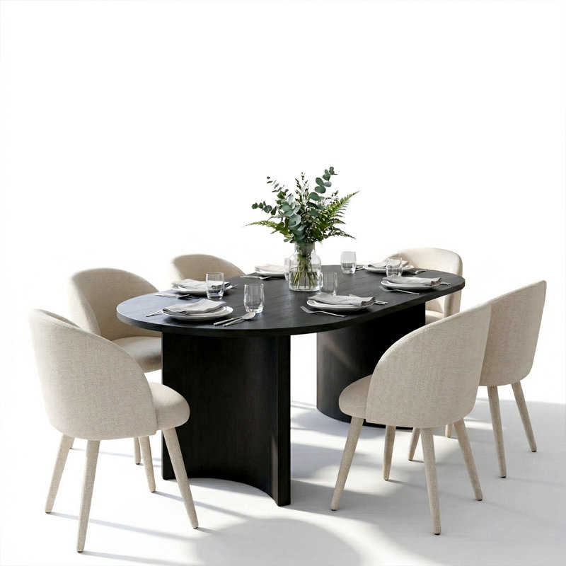 7-Piece Modern Oval Dining Table Set For 6 With Black Pedestal Base And 6 Upholstered Barrel Dining Chairs, White