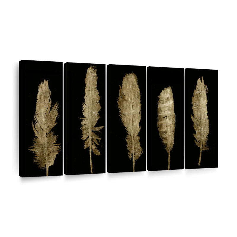 Cinq plumes dorées sur toile, reproduction de 5 pièces, H 18 po x l 35 po x P 1,25 po