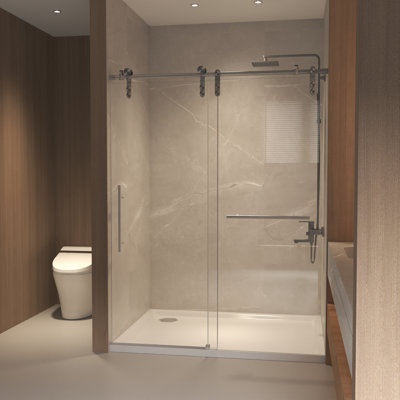 Frameless Sliding Shower Door, 50-54" X 76" H, Clear Tempered Glass, Brushed Nickel Stainless Steel Frame