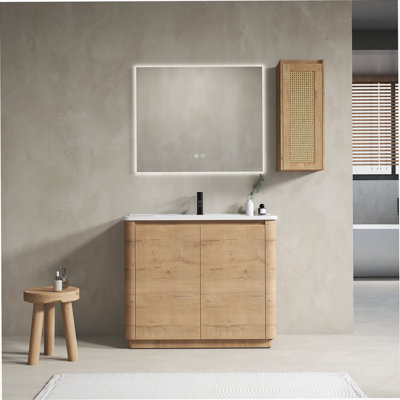Meuble-lavabo autoportant de 40 po avec lavabo en céramique, 2 portes à fermeture douce et armoire latérale, emballage KD, contreplaqué