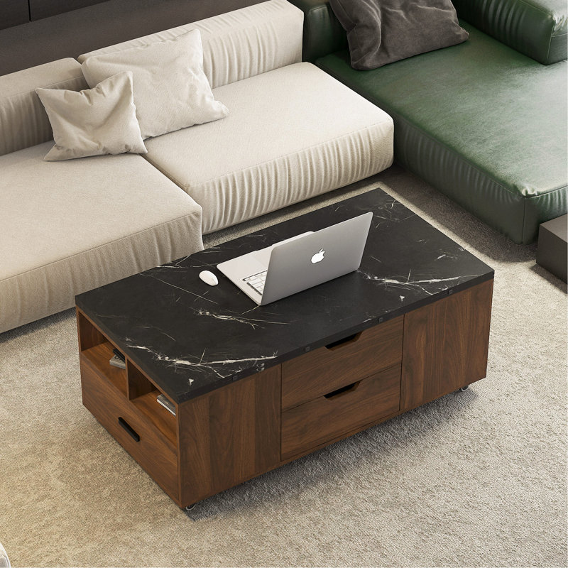 Table basse relevable moderne avec 2 tabourets pour le salon avec rangement dissimulé et tiroirs