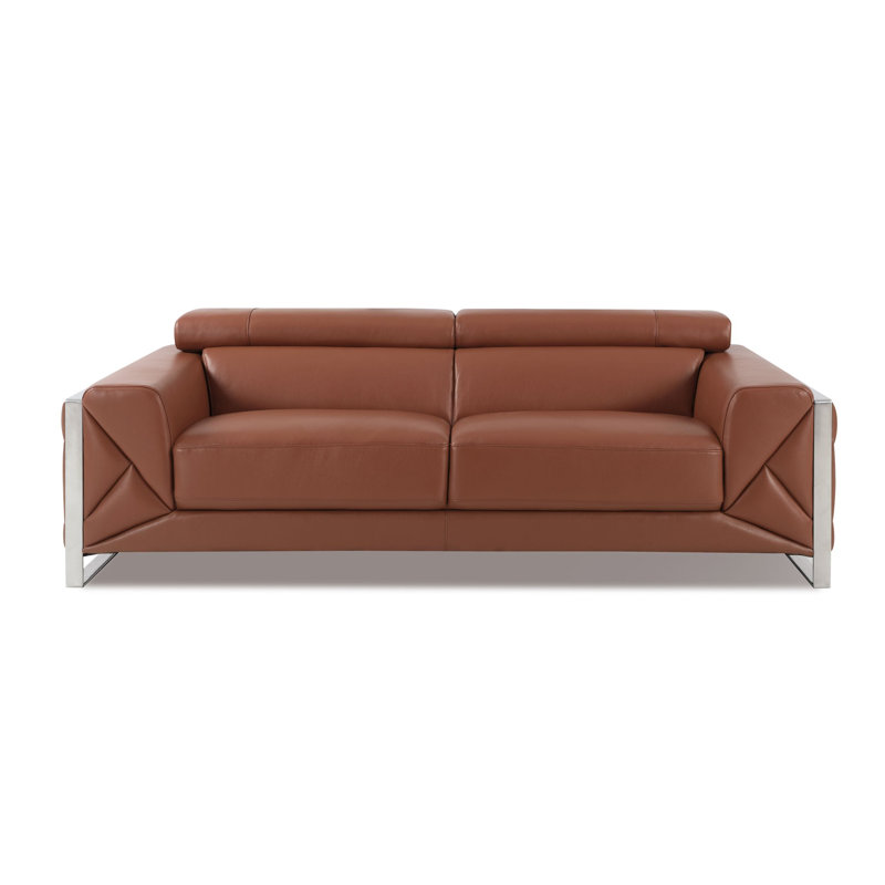 Camel Genuine Leather Sofa with Adjustable Headrests, Camel