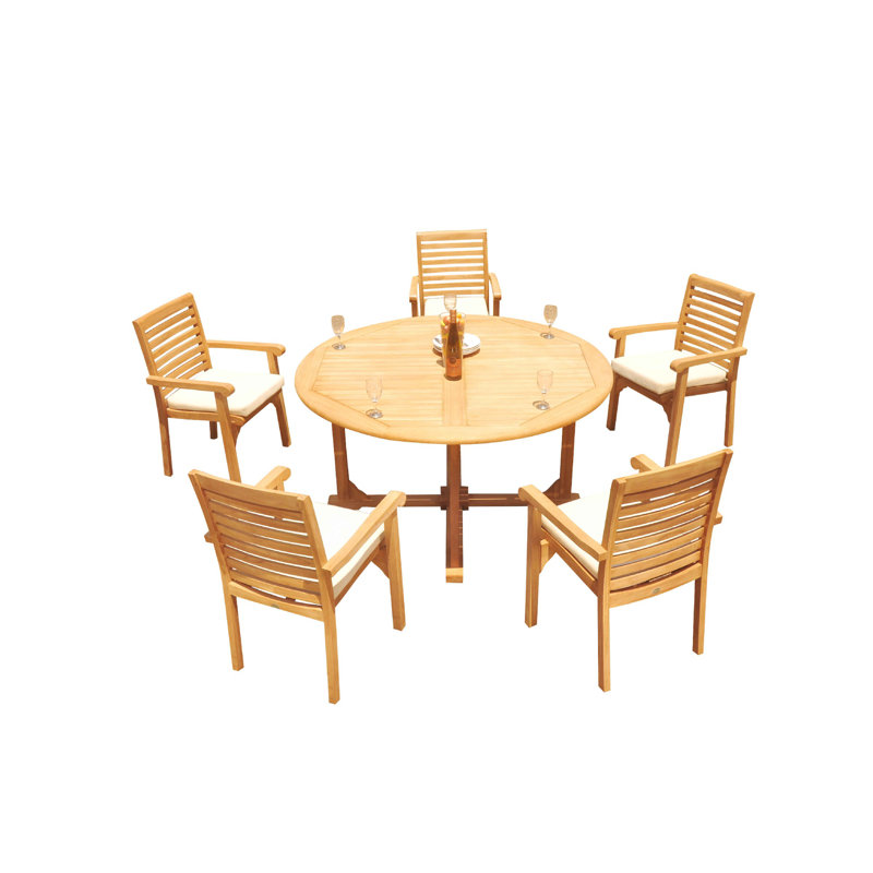 Cimah 5 - Person Teak Patio Dining Set with Round Table, 105" x 60" x 31.5", 6