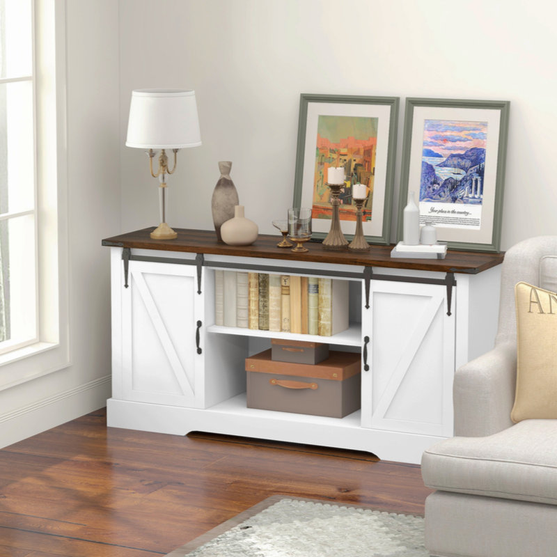 White Farmhouse Coffee Bar Cabinet with Sliding Barn Doors and Charging Station
