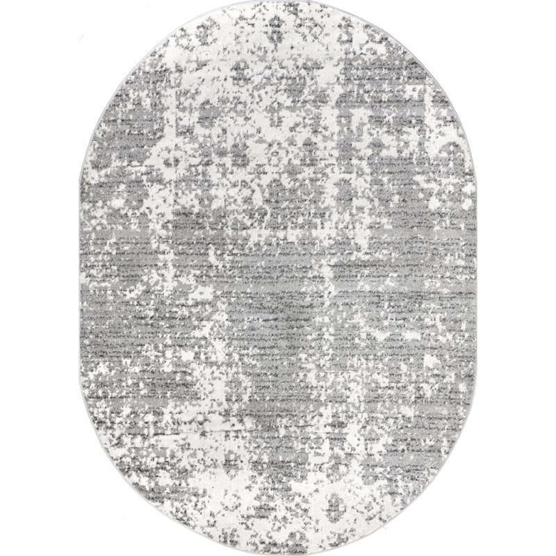 Tapis performance gris / blanc moderne à motif abstrait tissé à la machine Deedra, Ovale 4 pi x 6 pi